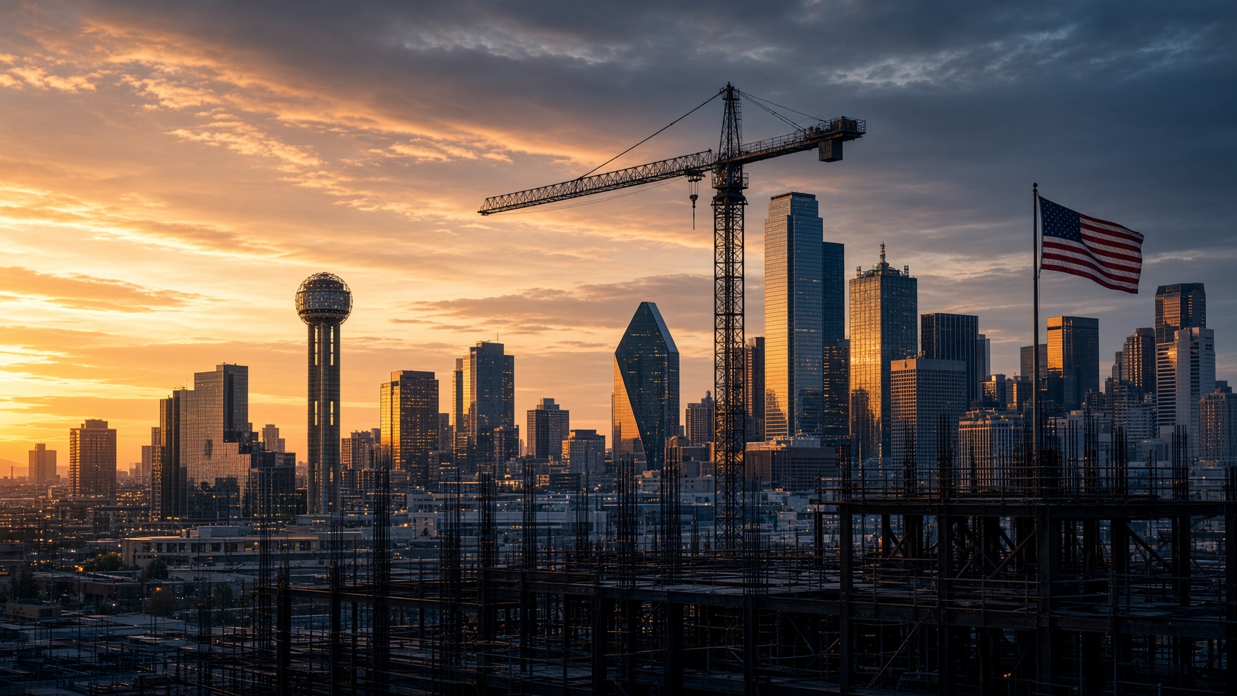 Dallas skyline and a Texas Peak jobsite at golden hour